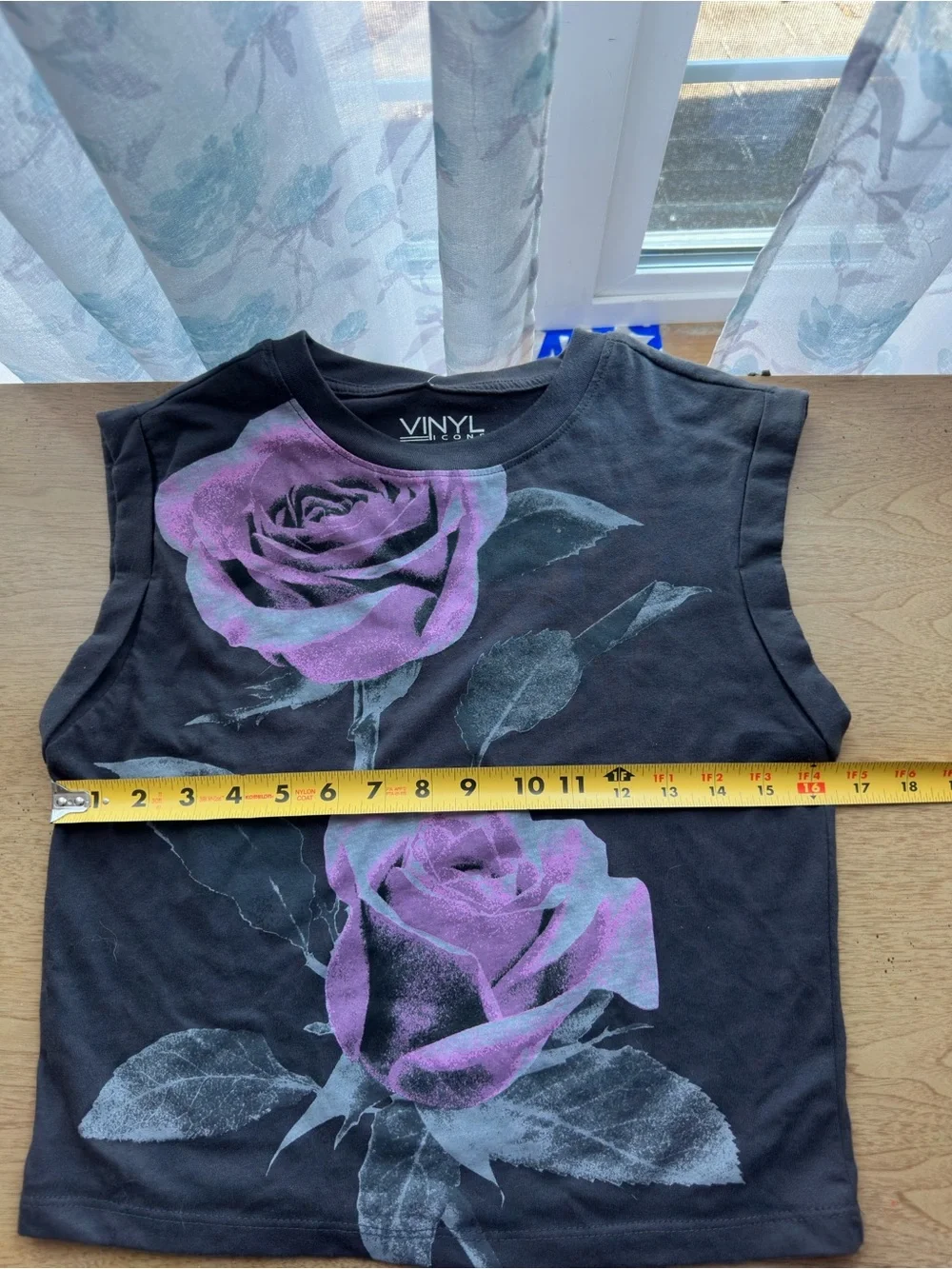 Black Cropped Tank Top with Purple Rose Graphic